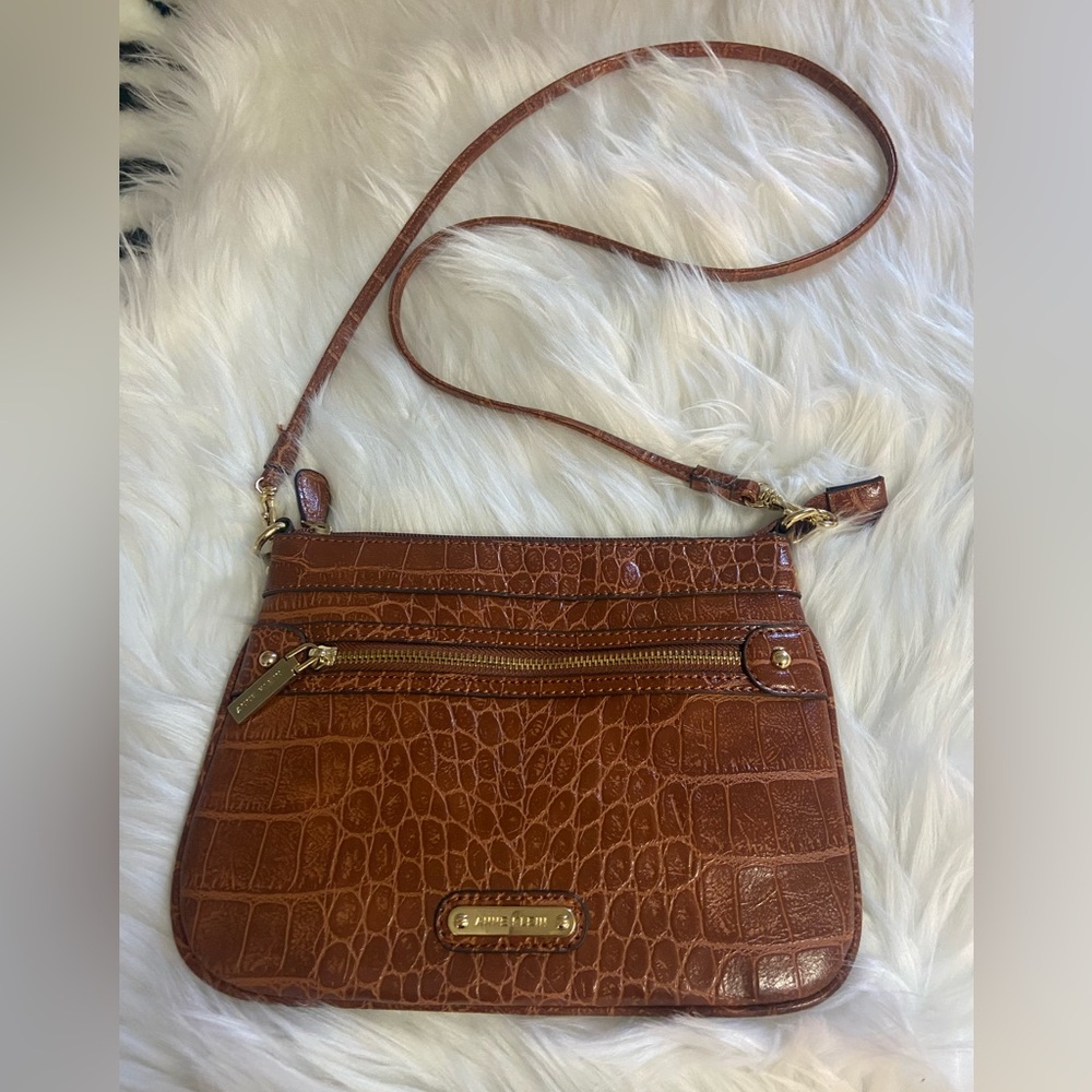 Anne Kline Brown Crocodile Embossed Crossbody Bag